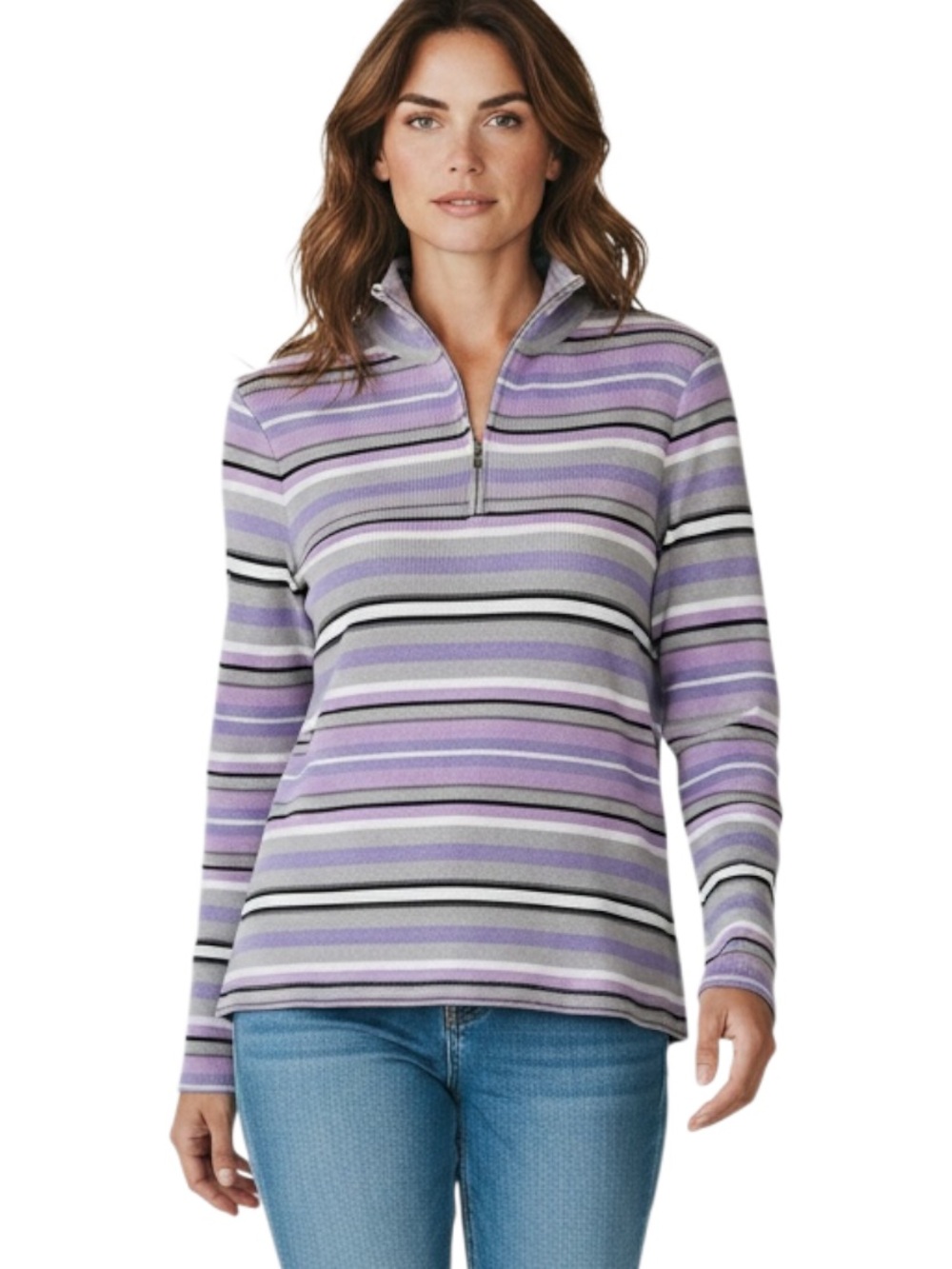 croft & barrow Lavender and Gray Striped Half-Zip Pullover